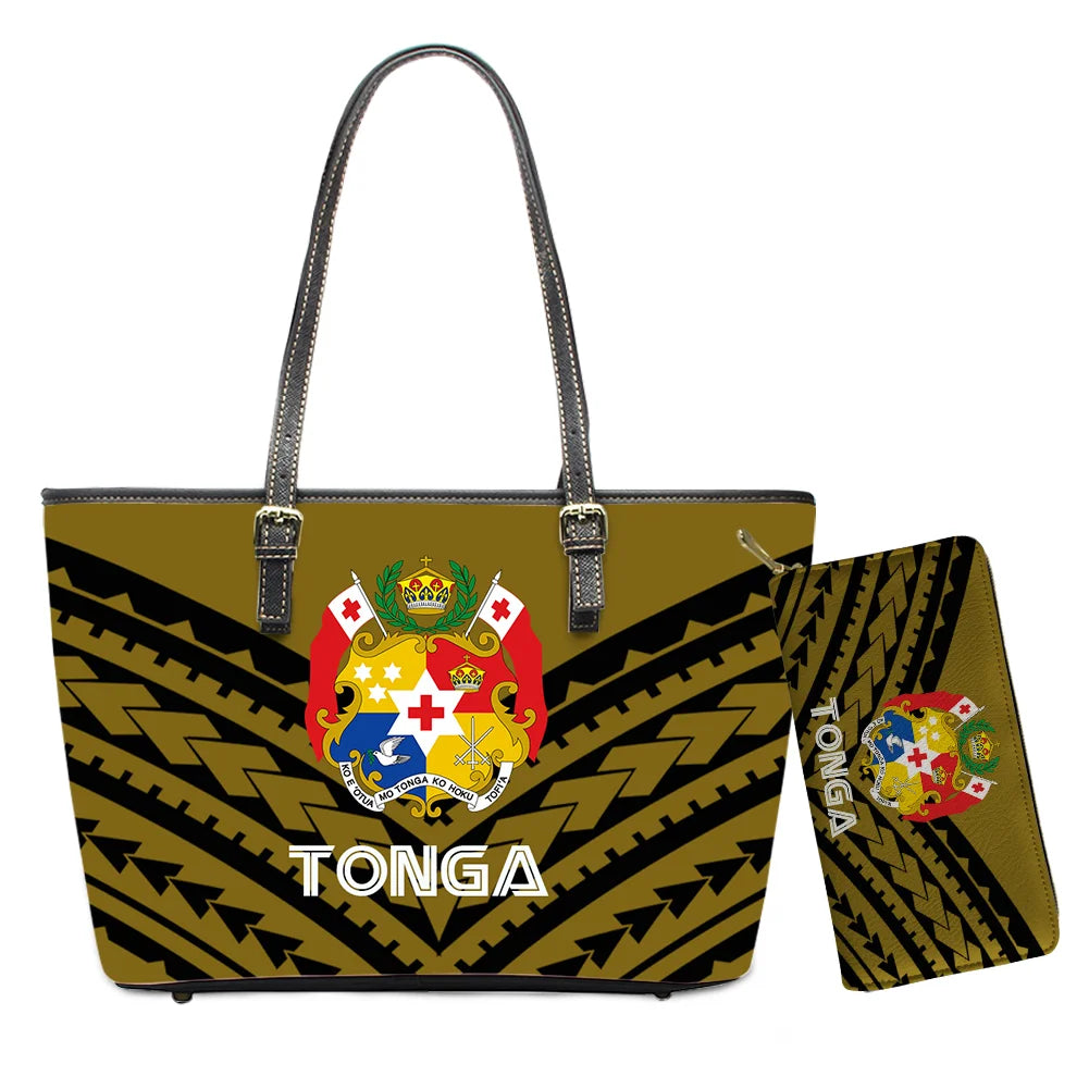 Hawaiian Flower Polynesian Design Print Women Handbags and Purses Set Customized Large Leather Tote Matching Long Zipper Wallet