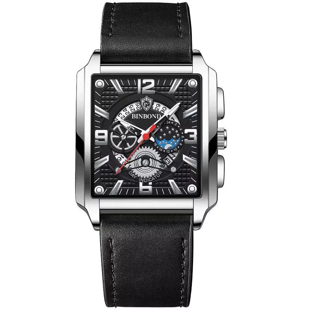 Binbond B6575 6575 Watch Stainless Steel Quartz Wrist Genuine Casual Square Waterproof Leather Belt Luminous Hands Men's Watches