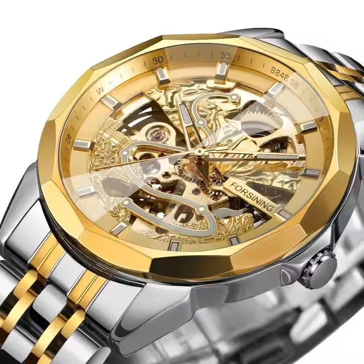 FORSINING Gold Mechanical Watches Waterproof Skeleton Automatic Movement Watch for Men Luxury Stainless Steel Men's Watches