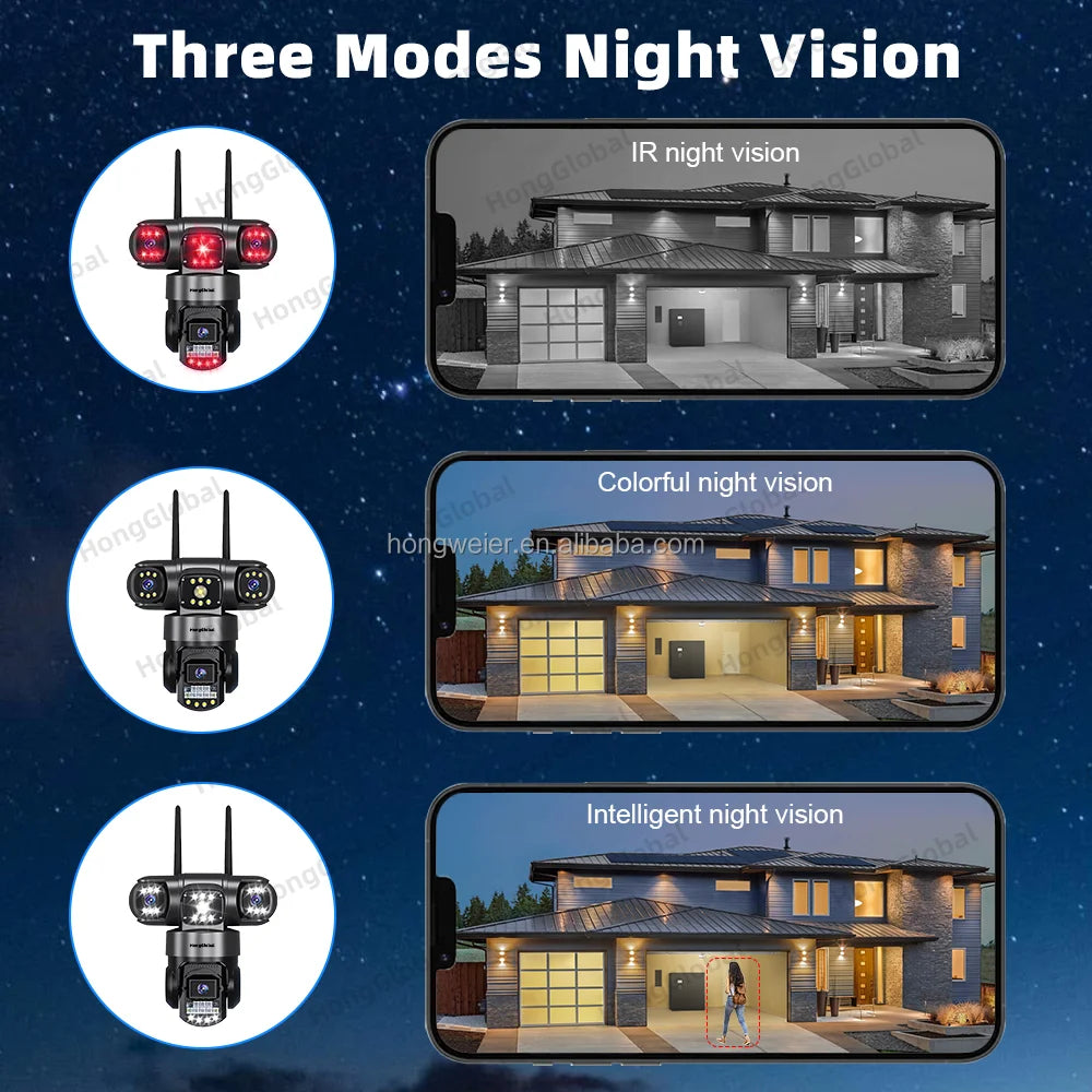 HongGlobal 12MP 6K V380 Pro Three Lenses Outdoor Smart PTZ CCTV 360 Camera Home IP WiFi Surveil Network Security Wireless Camera
