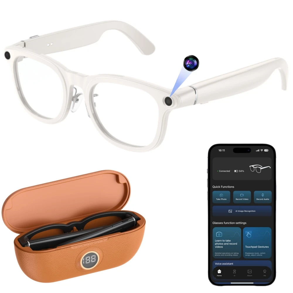 Smart AI Glasses with 3600mAh Battery 8MP Camera AI Assistant Real-Time Translation Phone Calls & Music Player-IPX-6 Waterproof