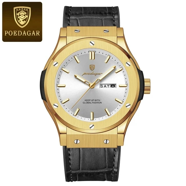 POEDAGAR 952 Fashion Men's Watches Trend Classic New Quartz Watch for Man Waterproof Luminous Week Date Wristwatch Leather
