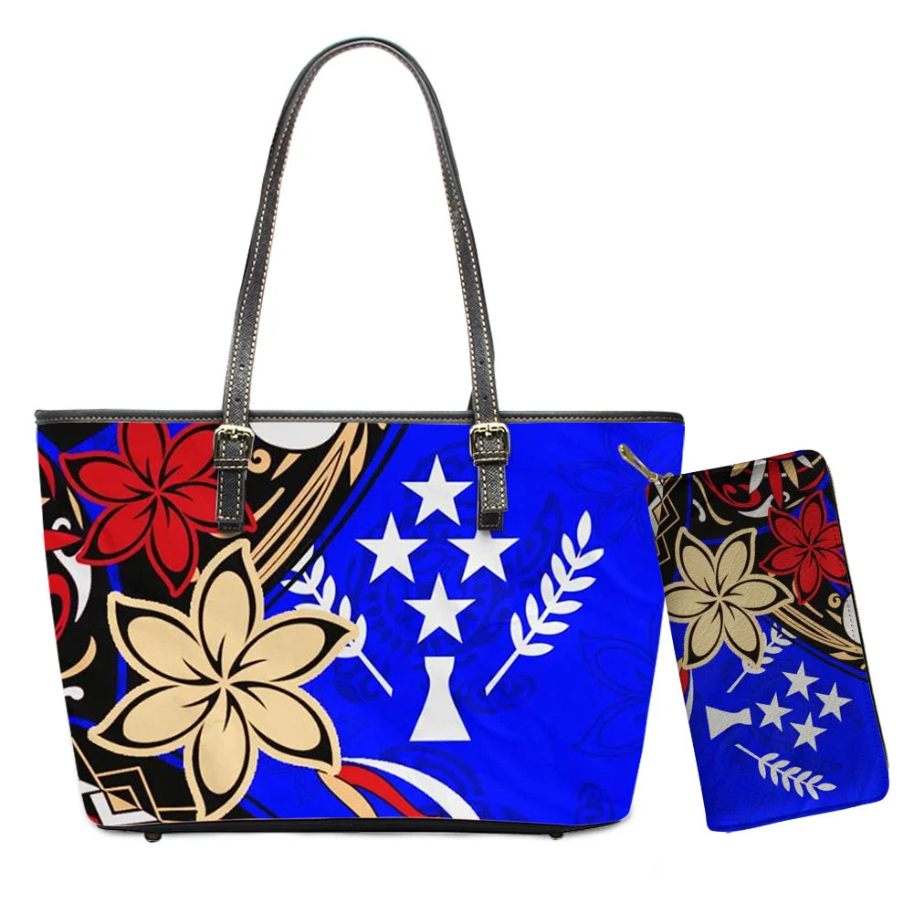 Hawaiian Flower Polynesian Design Print Women Handbags and Purses Set Customized Large Leather Tote Matching Long Zipper Wallet