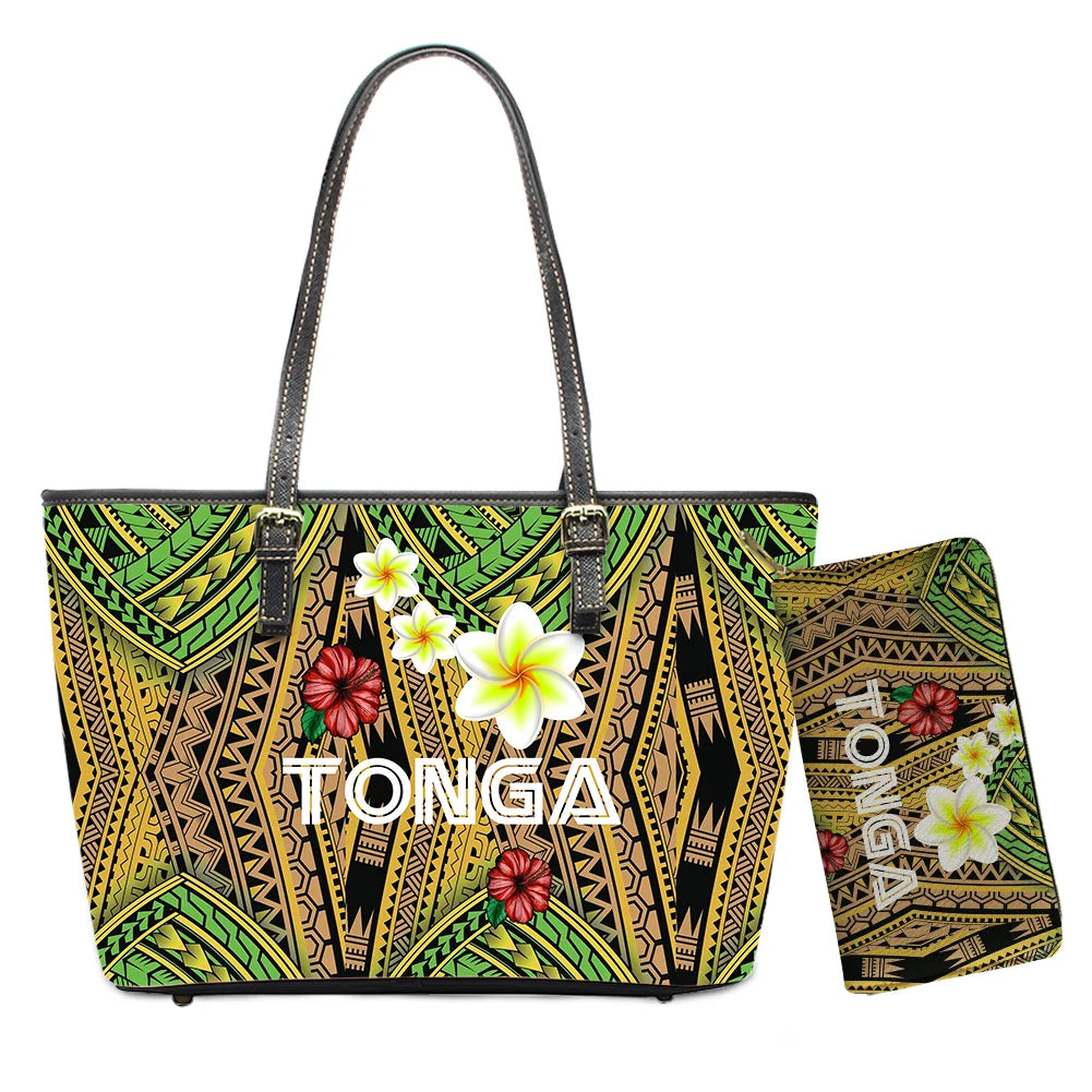 Hawaiian Flower Polynesian Design Print Women Handbags and Purses Set Customized Large Leather Tote Matching Long Zipper Wallet