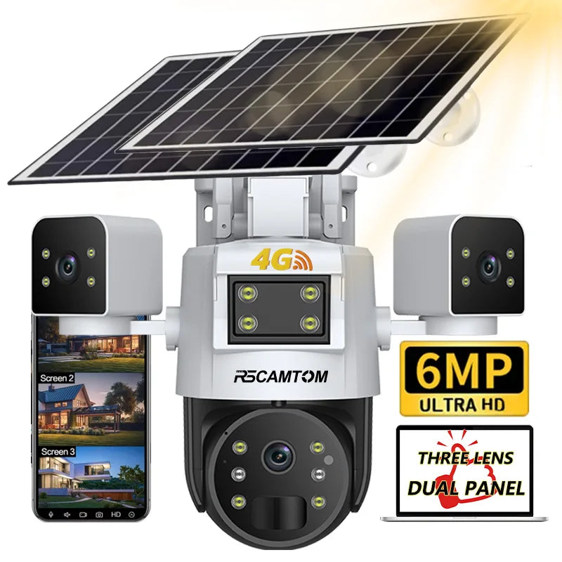 Rscamtom 4G Solar Camera Outdoor Waterproof Three screen Human Motion Detection Alarm Two way Voice Security Camera Solar 4G
