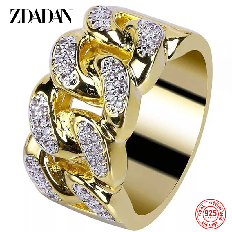 ZDADAN 925 Sterling Silver 18K Gold Zircon Ring For Men Women Fashion Jewelry Party Gift