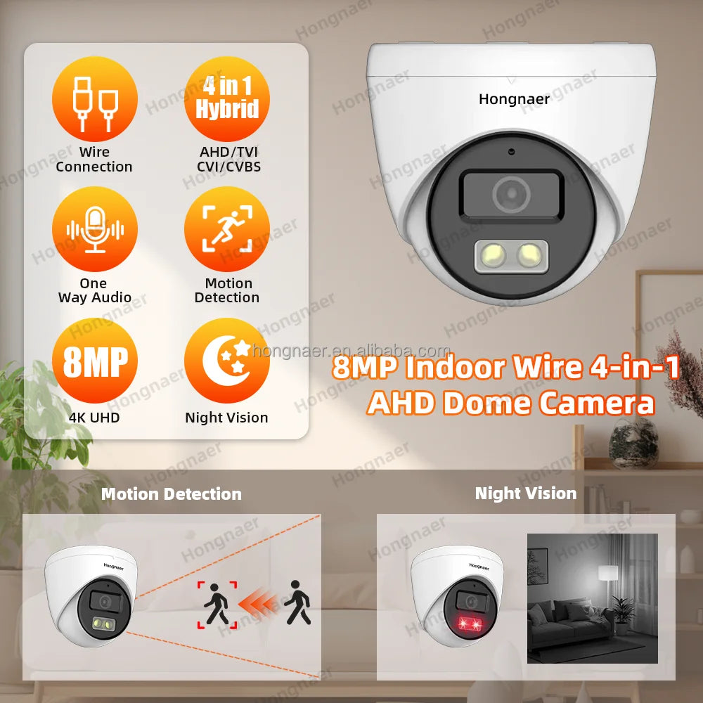 Hongnaer 4 in 1 Wire CCTV Analog HD Dome Video AHD Coaxial Audio Camera Home Indoor 8MP 4K DVR IP Analog CCTV Security Camera