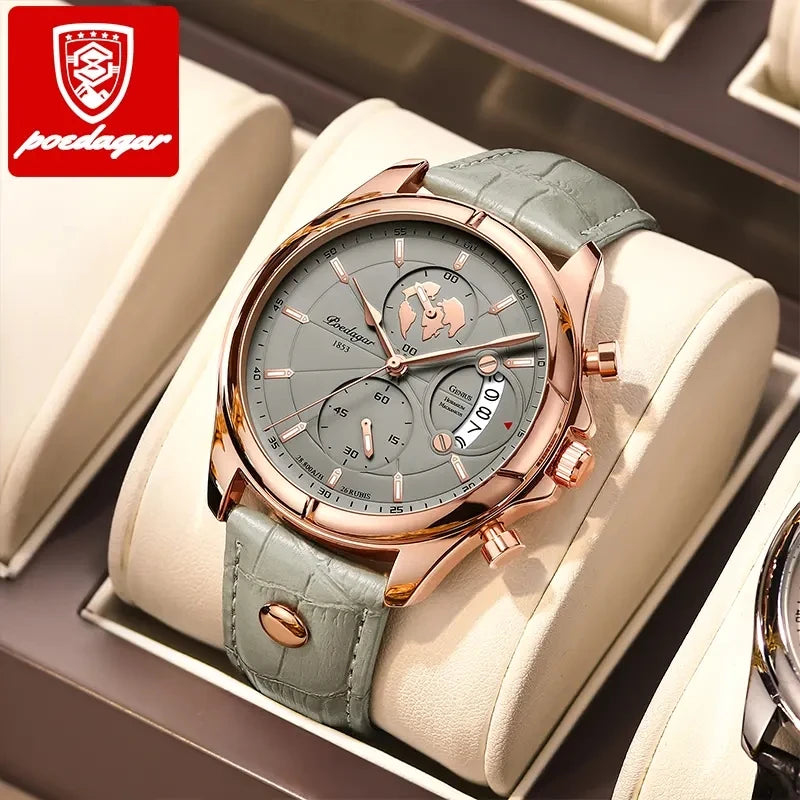 POEDAGAR Luxury Casual Sport Watch for Men Creative Chronograph Leather Strap Date Waterproof Men's Watches Relogio 989 Montre