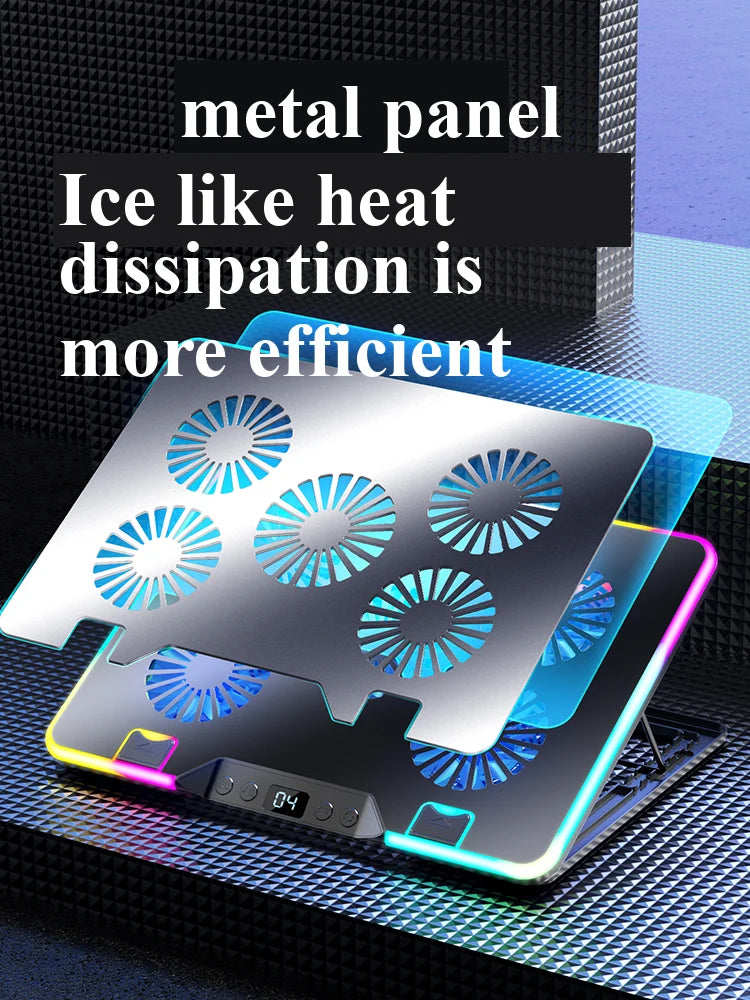 Adjustable Height Surrounding RGB Colorful Lighting Gaming Laptop Cooling Pad 5 Cooler Fans with Strong Wind