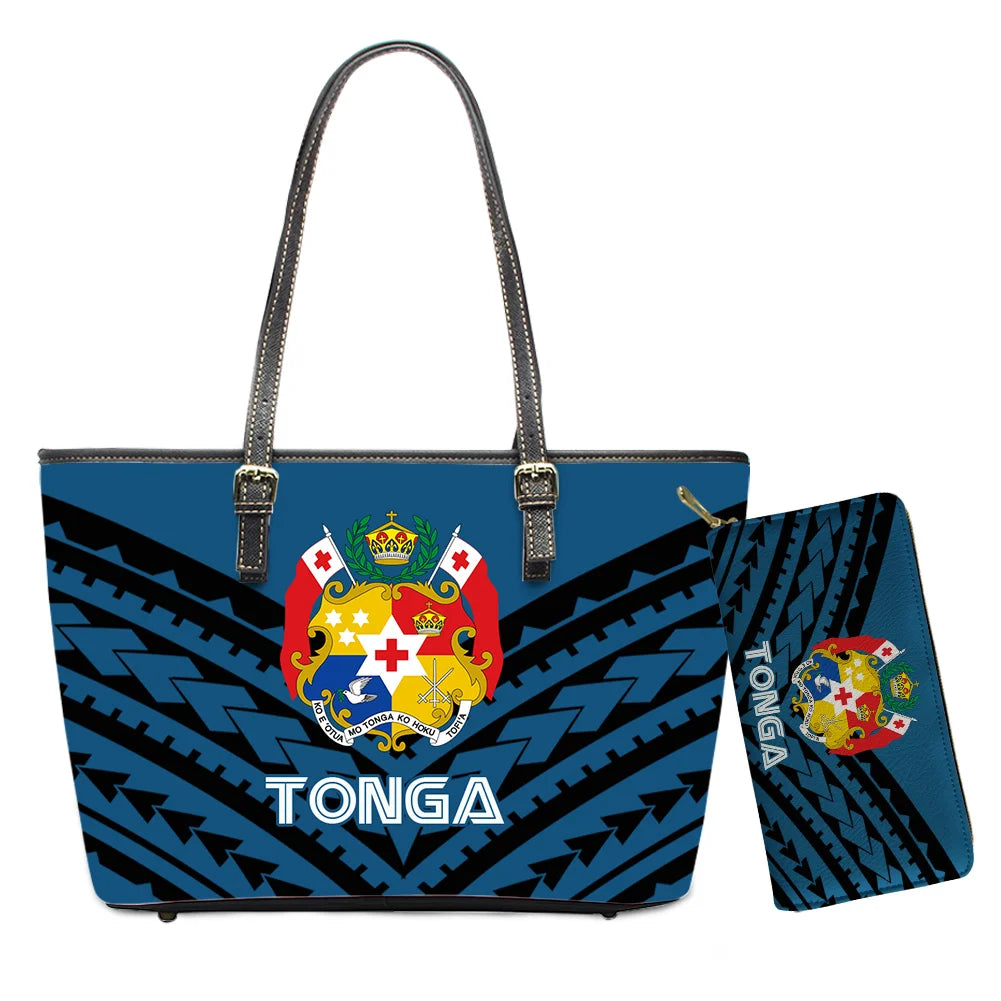 Hawaiian Flower Polynesian Design Print Women Handbags and Purses Set Customized Large Leather Tote Matching Long Zipper Wallet