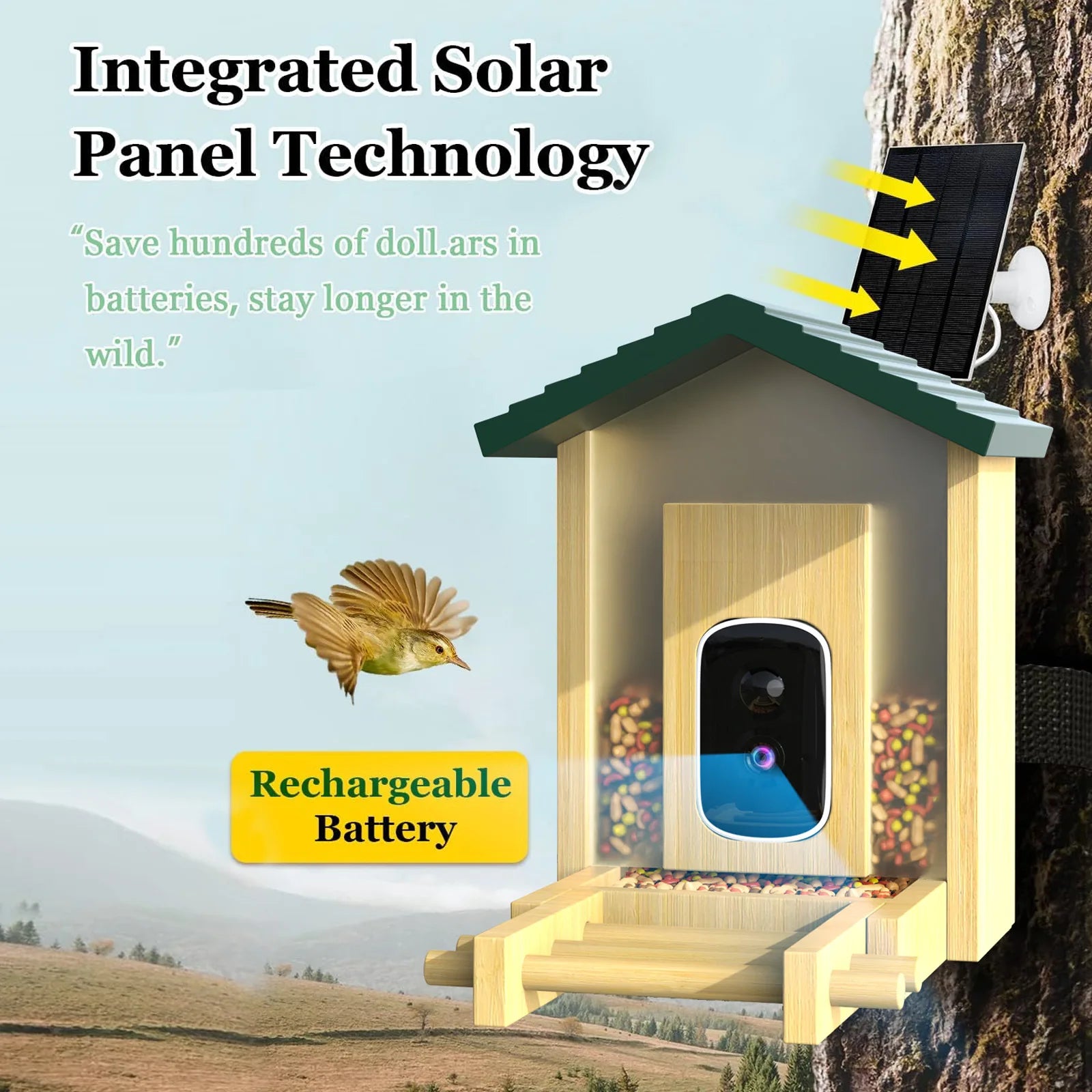 Smart Bird Feeder with Camera Solar Powered AI Camera for Identify Bird Species Auto Capture Bird Videos