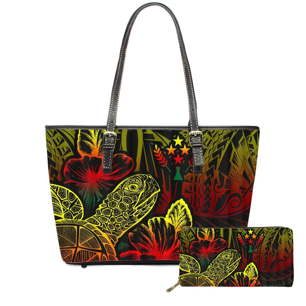 Hawaiian Flower Polynesian Design Print Women Handbags and Purses Set Customized Large Leather Tote Matching Long Zipper Wallet