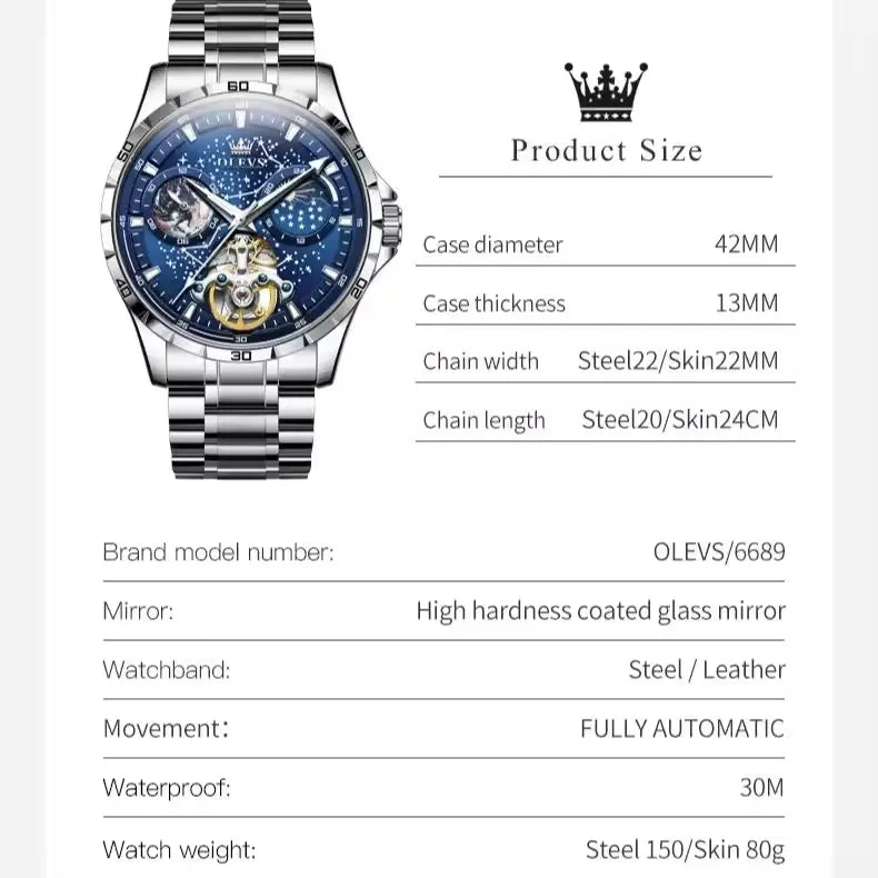 OLEVS 6689 Top Brand Men's Watches Fashion Original Automatic Mechanical Watch for Man Tourbillon Movement Waterproof Male Clock