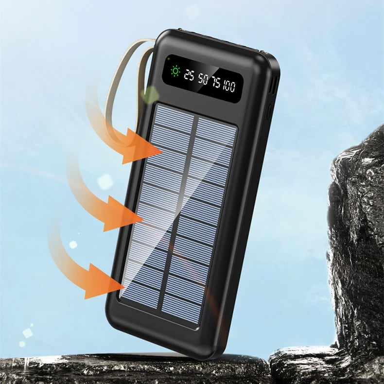 Lanyard Design Comes with Mobile Phone Holder 2USB Output 1 to 4 Output Charging Cable 20000 MAh Solar Power Bank