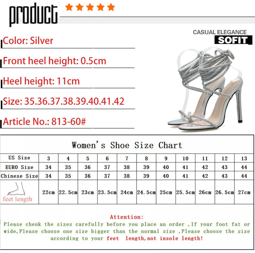 Women's High Heeled Summer Sandals Thin Bandage Open Toe Rhinestone Sexy Nightclub Style Winding Woven Wines for Foreign Trade