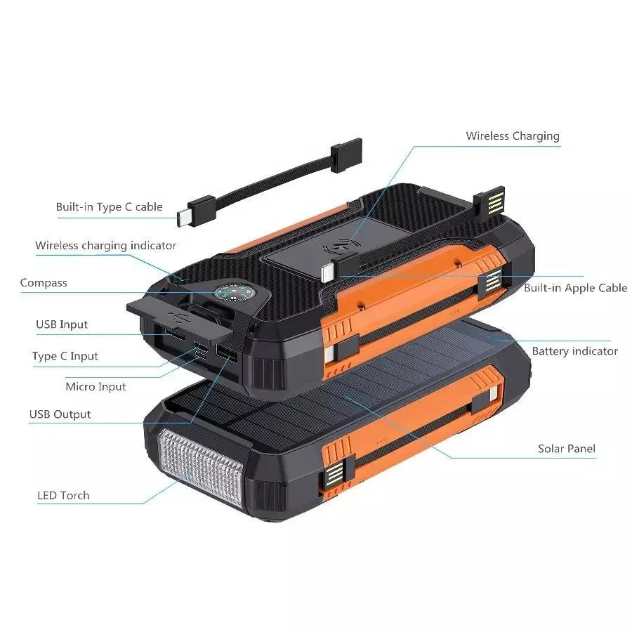 Newest Custom Outdoor High Capacity Wireless Fast Charging Solar Power Bank 20000mAh Waterproof Portable Charger