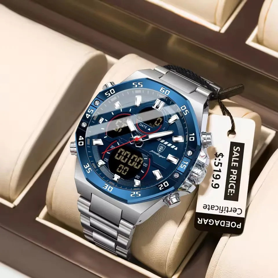 POEDAGAR E101 Man Waterproof Luminous Hand Date Watch Men's Watches Quartz Digital Electronic Stainless Steel Wristwatch for Men