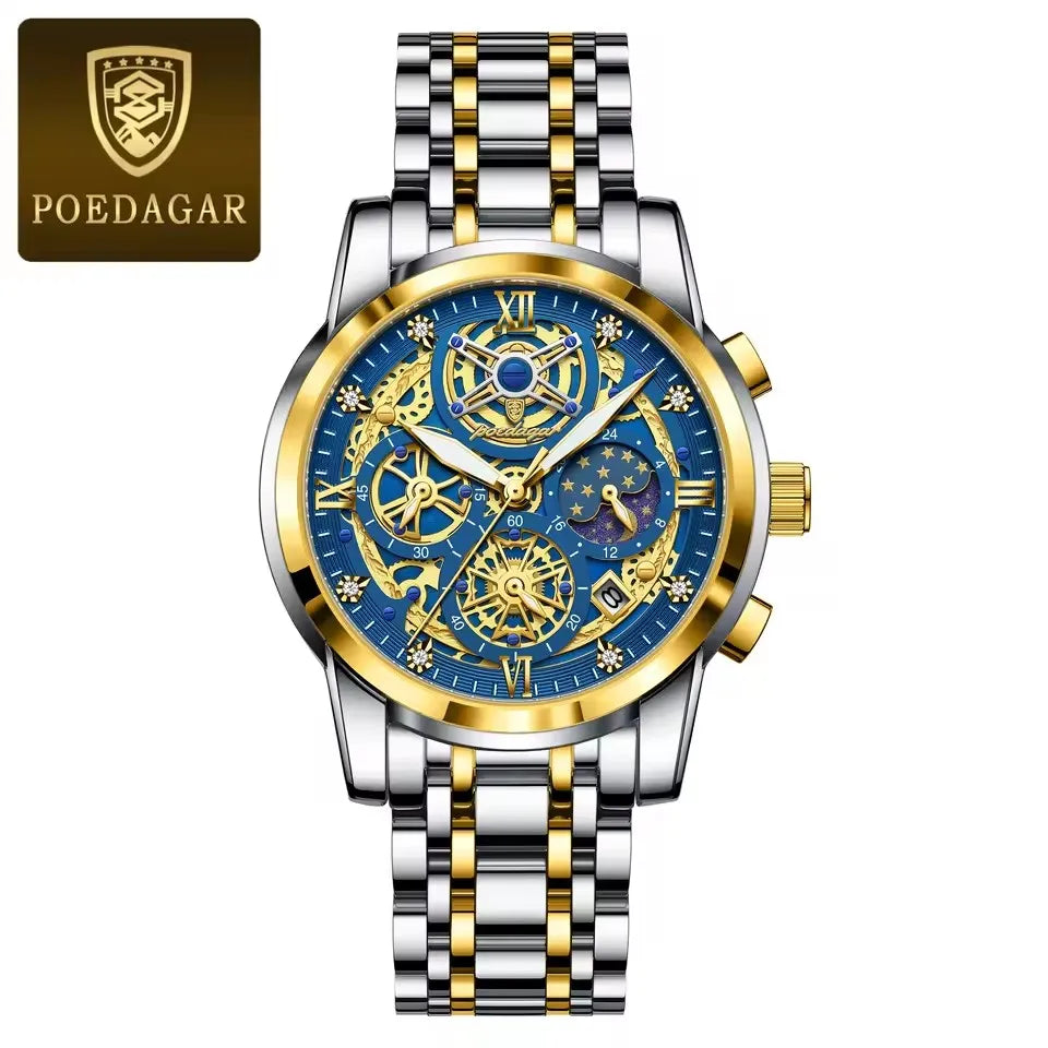 POEDAGAR 984 Luxury Fashion Watch Men Waterproof Luminous Auto Date Chronograph Japan Quartz Stainless Steel Strap Men's Watches