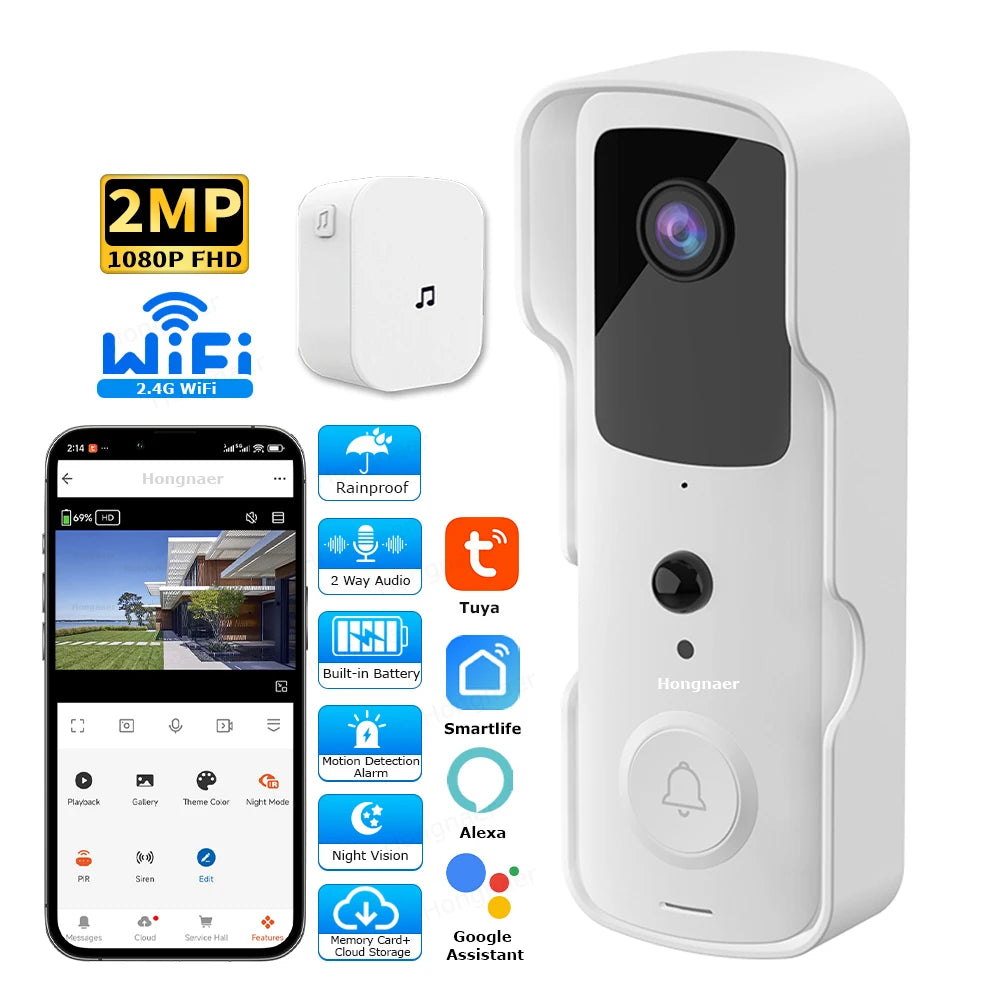 Hongnaer Outdoor HD 1080P Security Doorbell Ring Battery Door Bell IP Camera Home Tuya Smart WiFi Wireless Video Doorbell Camera