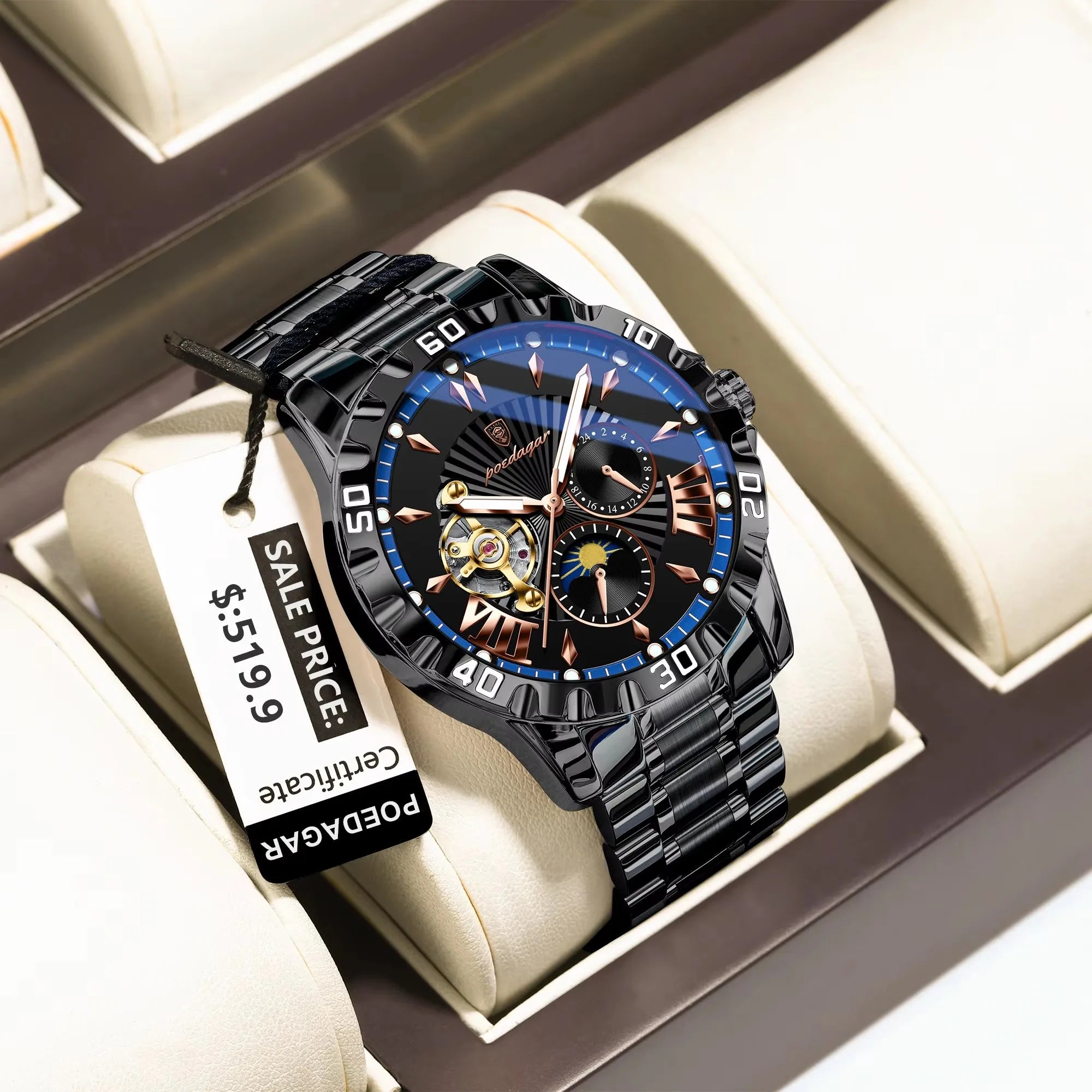 POEDAGAR 1415 Automatic Mechanical Man Watch Waterproof Luxury Men Hollow Out Tourbillon Luminous Stainless Steel Men's Watches