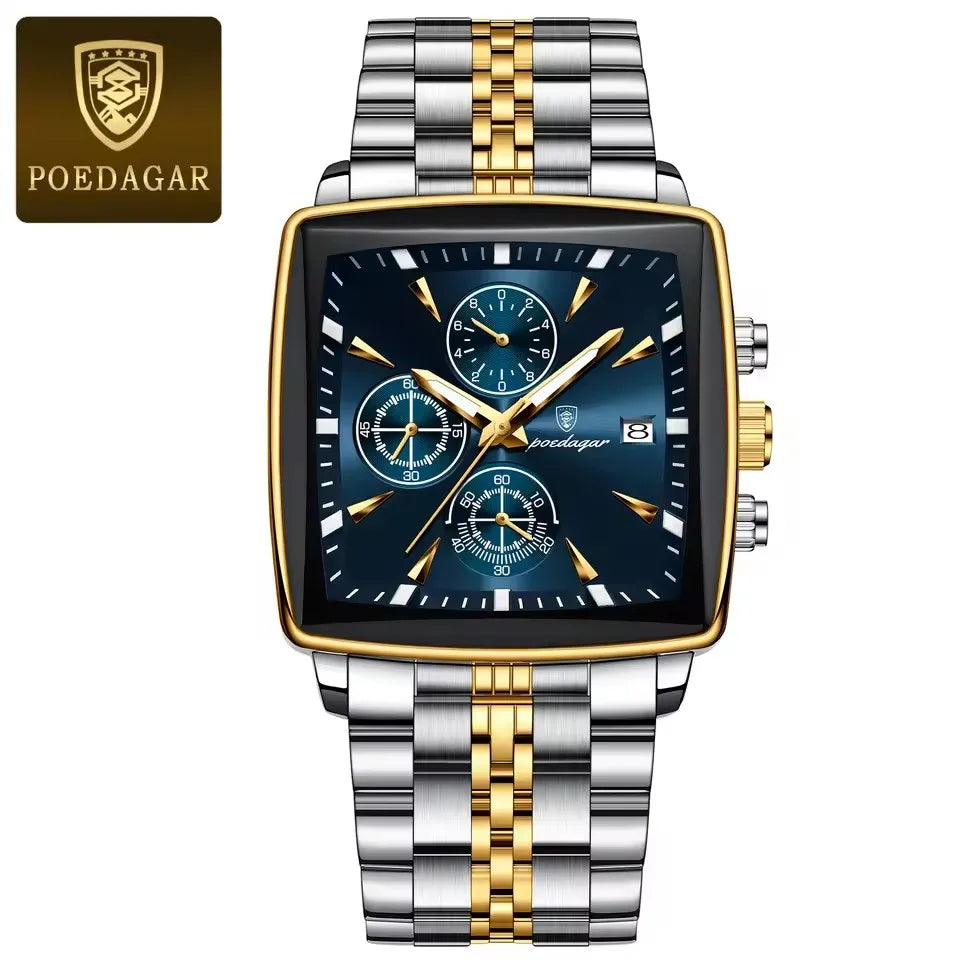 POEDAGAR 866 Fashion Square Sport Man Wristwatch Waterproof Luminous Chronograph Quartz Men's Watches Stainless Steel Men Watch