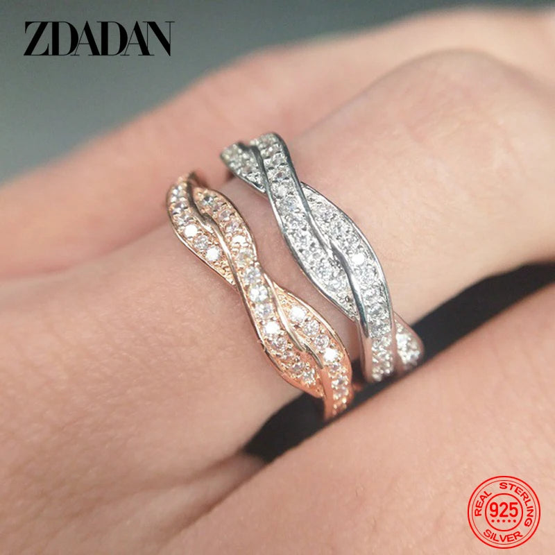 ZDADAN 925 Silver Twist Zircon Rings For Women Wedding Jewelry Gifts