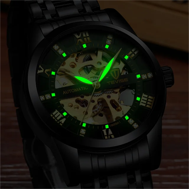 TEVISE T9005A 9005A Luminous Hands Automatic Wristwatches Waterproof Mechanical Hollow Out Stainless Steel Men's Watches for Men