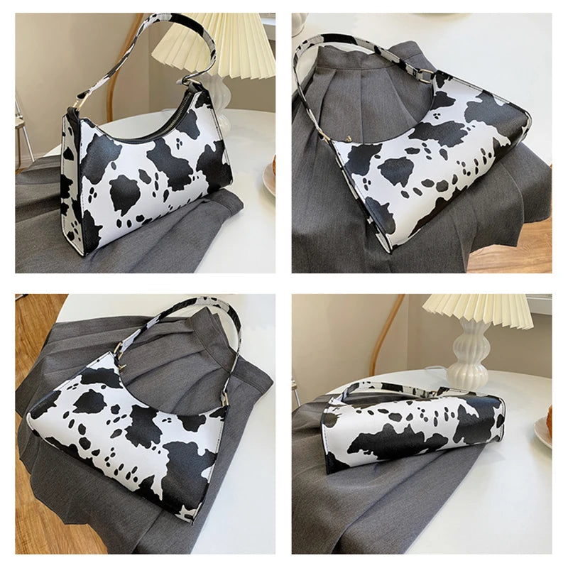 INS Stylish Animal Print PU Leather Underarm Hand Bags Cow Printing Ladies Purse Fashion Women Handbags