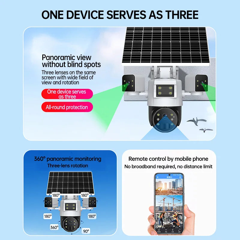 Rscamtom 4G Solar Camera Outdoor Waterproof Three screen Human Motion Detection Alarm Two way Voice Security Camera Solar 4G