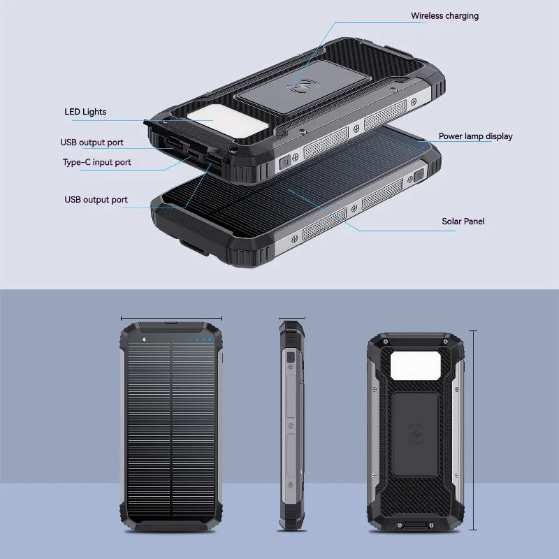 20000mAh Portable Solar  Charging Waterproof Power Bank Outdoor Chargeur Solaire Strong LED Light Solar Power Bank
