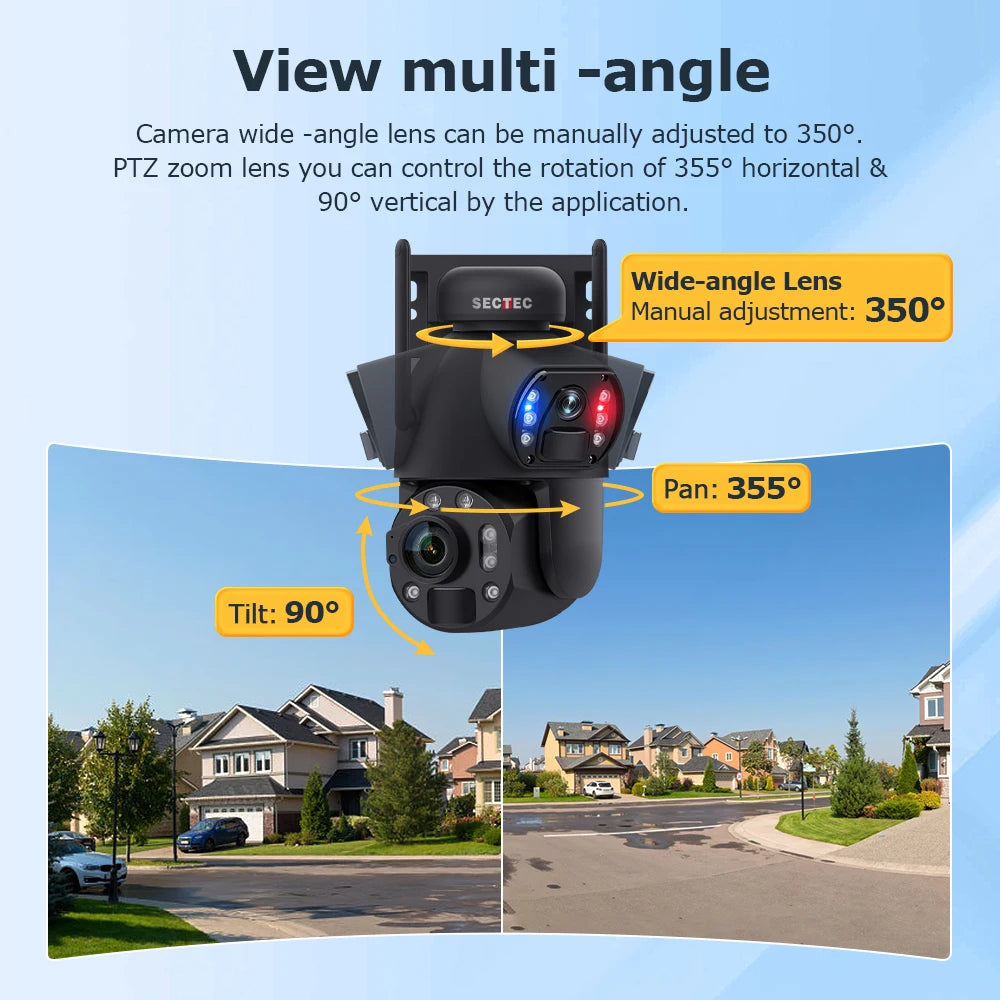 SECTEC Home Outdoor Security IP66 Waterproof Battery 36X Zoom 4G Camera Wifi Metal Dual Lens Laser Infrared Solar Outdoor Camera