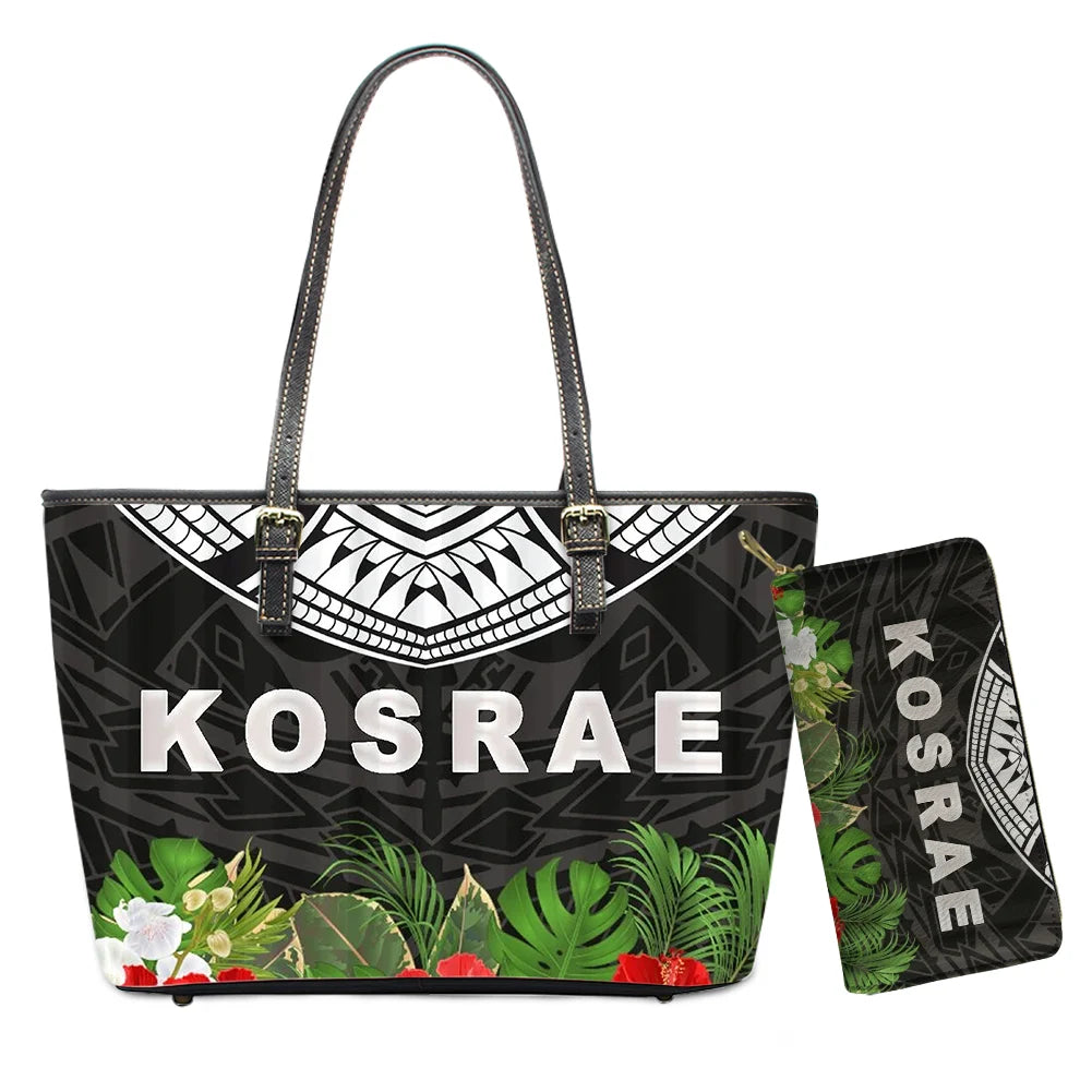 Hawaiian Flower Polynesian Design Print Women Handbags and Purses Set Customized Large Leather Tote Matching Long Zipper Wallet