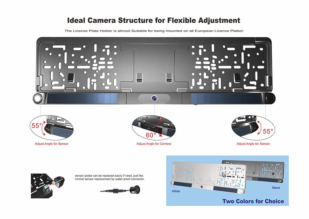 Vehicle DIY 5 Inch Monitor EU Car License Plate Camera Solar Wireless 170 Degree WiFi 720P HD Car Front Rear View Reverse Camera