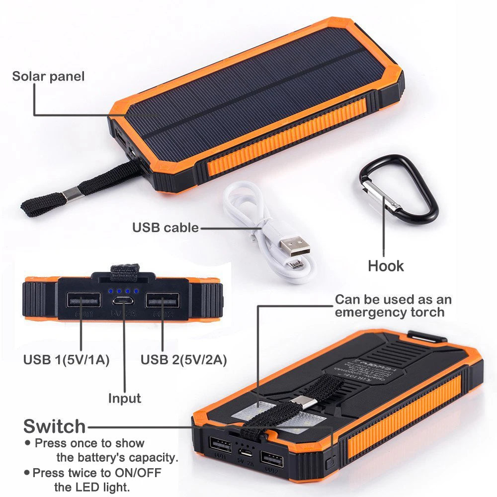 15000mAh Waterproof Solar Power Bank Dual USB Ports Camping Phone Charger External Backup Battery Pack Holder for Cell Phones