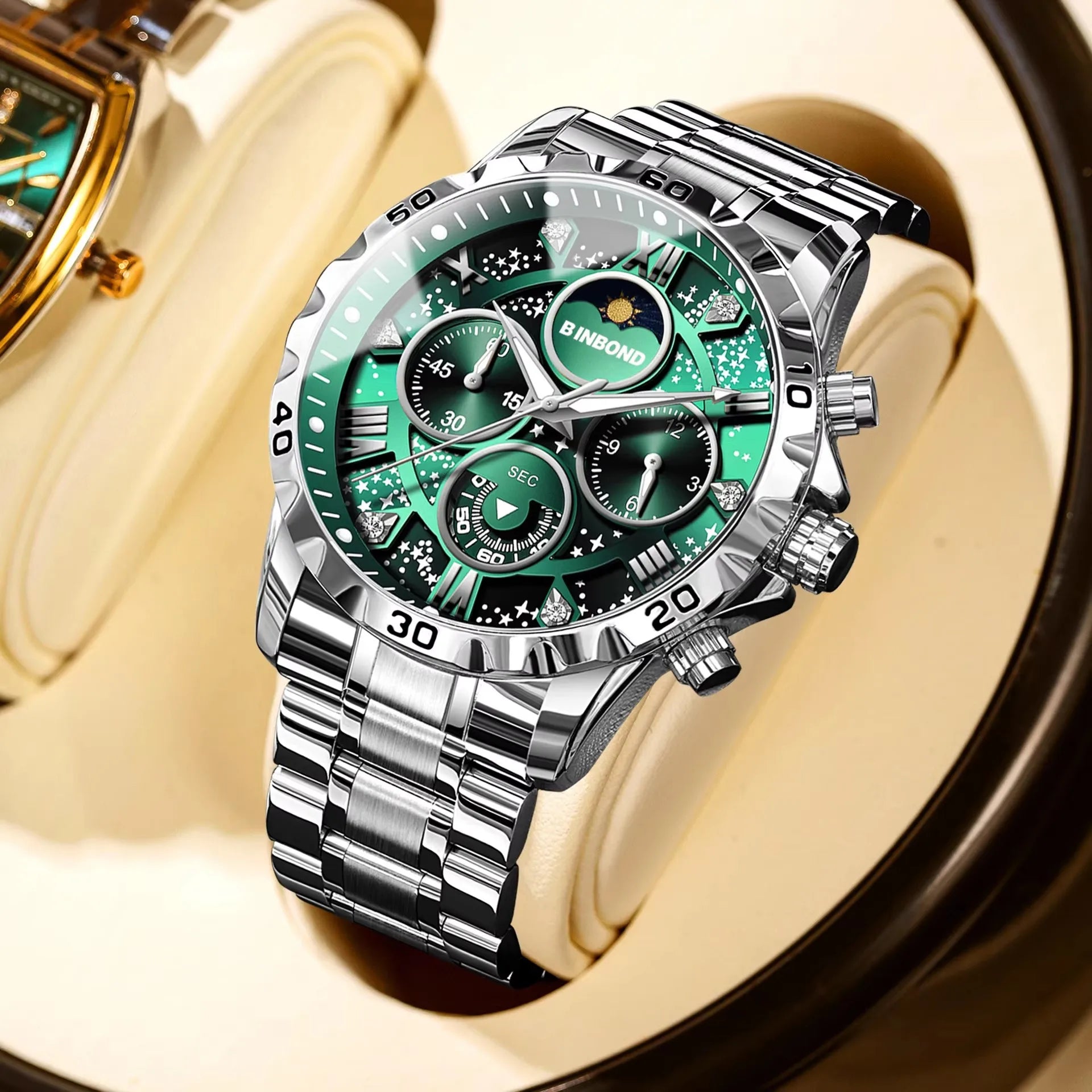 Binbond B7741 7741 Original Men Clock Sports Waterproof Luminous Chronograph Date Stainless Steel Quartz Men's Watches Reloj