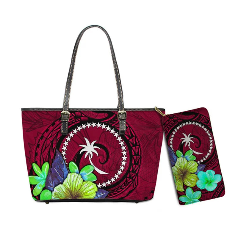 Hawaiian Flower Polynesian Design Print Women Handbags and Purses Set Customized Large Leather Tote Matching Long Zipper Wallet
