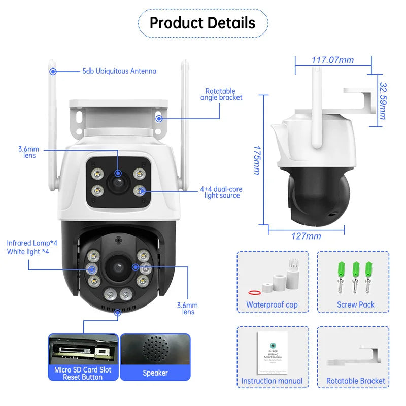 Wistino Icsee Dual Lens Wifi Smart Camera Outdoor Waterproof Gun Ball Linkage Home Wifi Security Camera