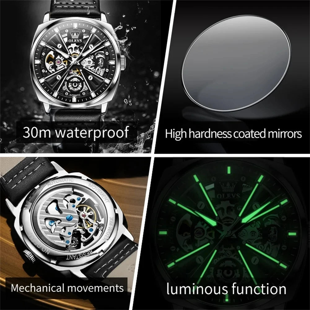 2024 OLEVS 6685 Automatic Men's Watches Hollow Out Style Automatic Mechanical Wristwatch Waterproof Luminous Leather Men's Watch