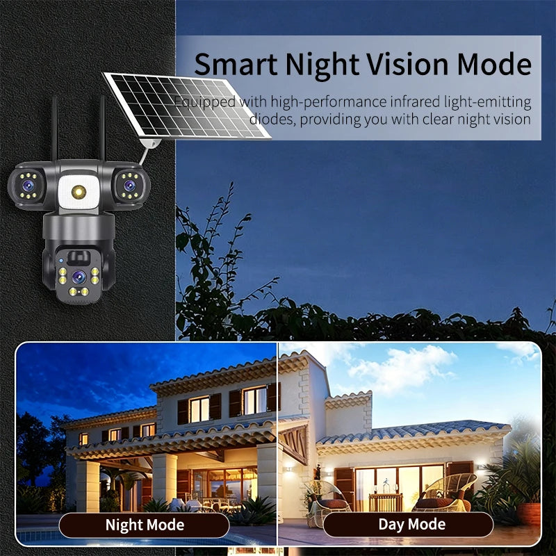 Rscamcom V380pro 6MP 4g Sim Card Three Lens Solar Wireless Cameras Outdoor Cctv Ptz Surveillance Security Camera Solar