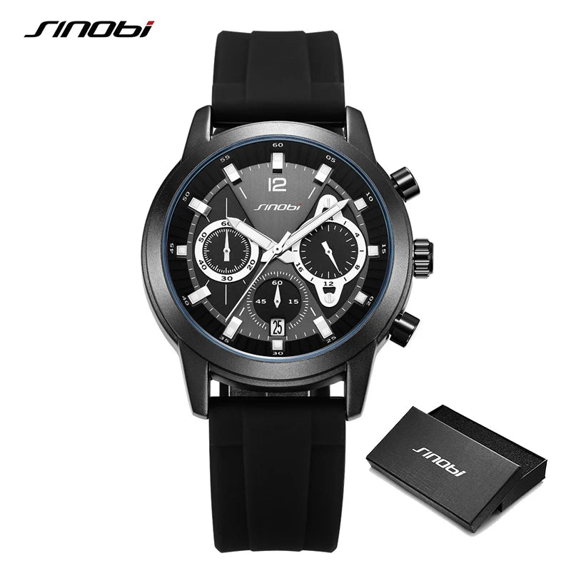 SINOBI Luxury Watch for Men Waterproof Luminous Date Chronograph Man Watch Sport Quartz Silicone Men's Watches With Box