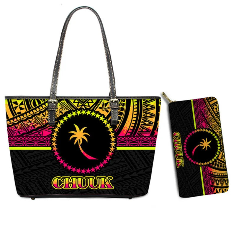 Hawaiian Flower Polynesian Design Print Women Handbags and Purses Set Customized Large Leather Tote Matching Long Zipper Wallet