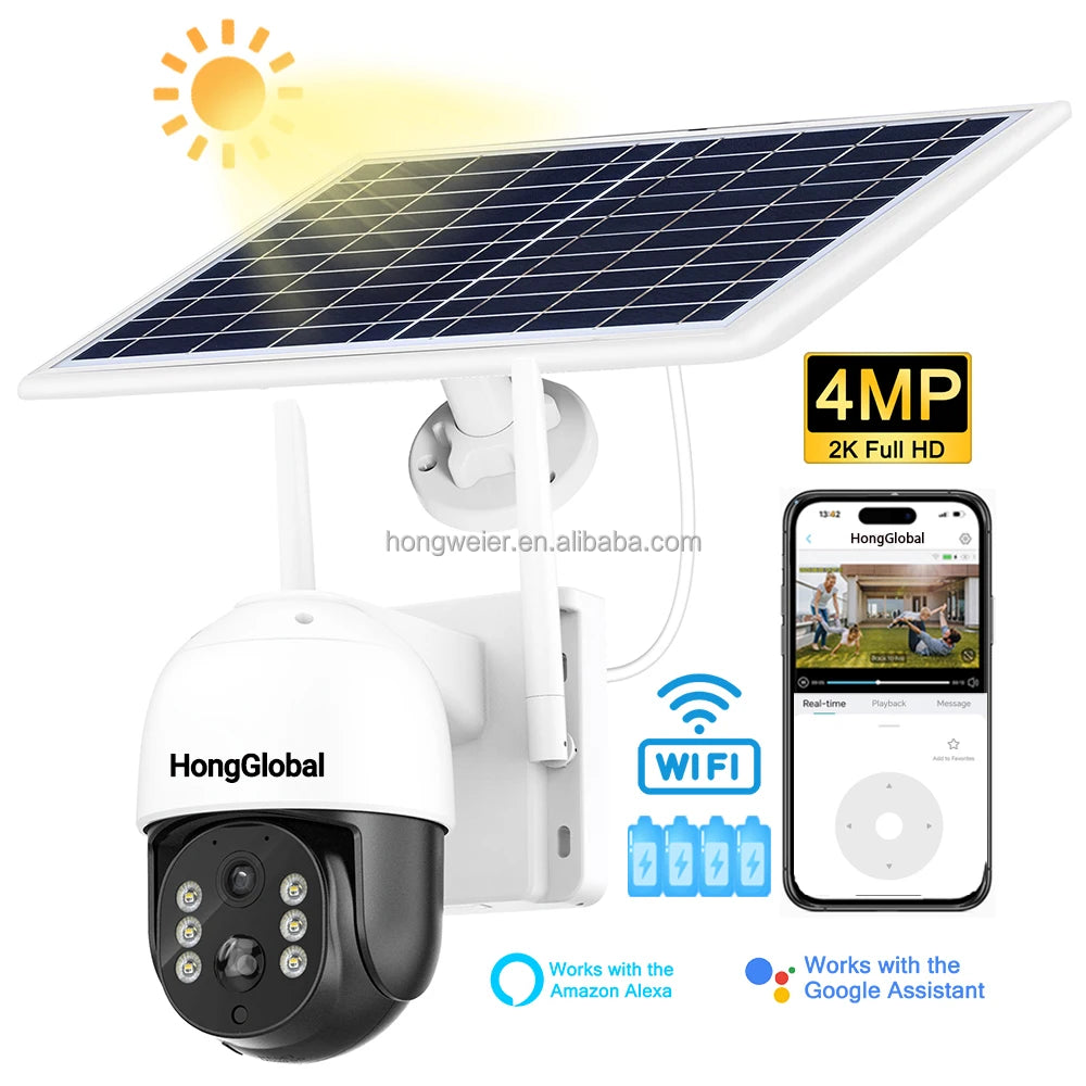 HongGlobal 4MP 360 Degree Outdoor Solar Powered Waterproof Wireless Surveillance WiFi PTZ Camera Solar CCTV Home Security Camera