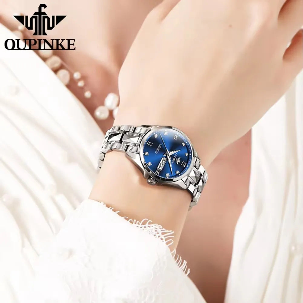 Oupinke 3262 Women's Watches Elegant Trend Girl Silver Tungsten Steel Strap Classic Calendar Date Chronograph Ladies Wristwatch