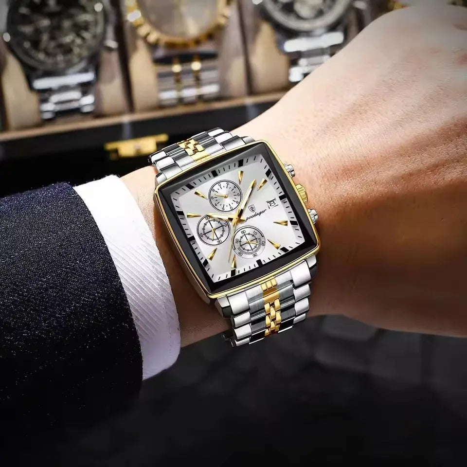 POEDAGAR 866 Fashion Square Sport Man Wristwatch Waterproof Luminous Chronograph Quartz Men's Watches Stainless Steel Men Watch