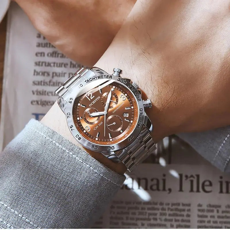 OCHSTIN 6123B GQ6123B Leisure Stainless Steel Strap Sports Multi Functional Quartz Movement Chronograph Waterproof Men's Watches