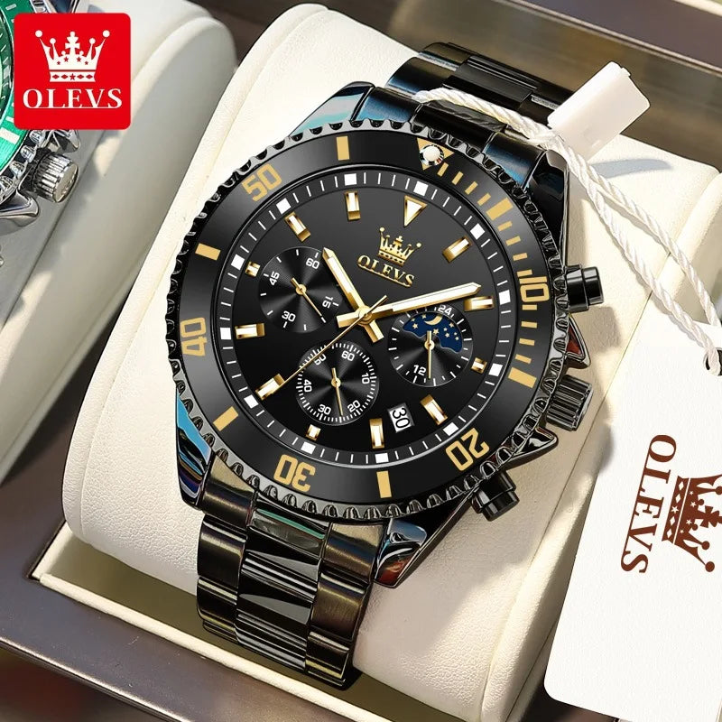OLEVS 2870 Luxury Quartz Watch for Men Stainless Steel Waterproof Top Men's Watches Moon Phase Date Chronograph Sports Man Watch
