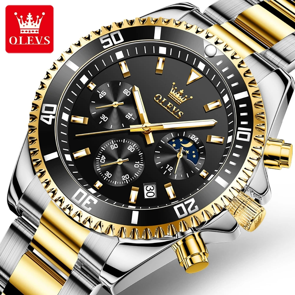 OLEVS 2870 Men's Watches Luxury Watch for Men Original Waterproof Stainless Steel Wristwatch Moon Phase Date Rota Dial