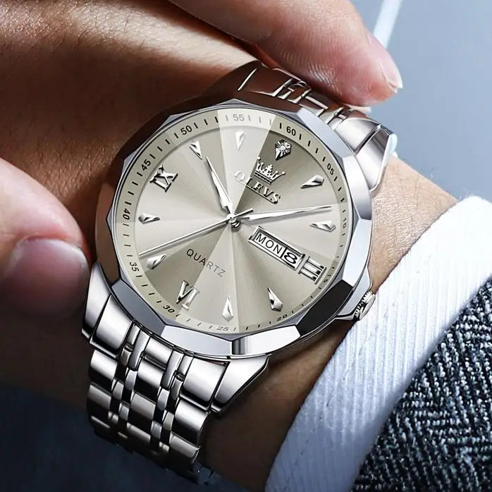 OLEVS 9998 Luxury Male Dual Calendar Luminous Wristwatch Fashion Original Men's Watches Waterproof Stainless Steel Quartz Watch
