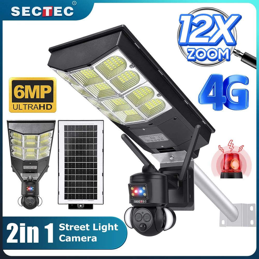 SECTEC Solar Street Light 12X Zoom 15W Solar 4G Camera All in One Security IP66 Camera Home Garden LED Outdoor CCTV Wifi Camera
