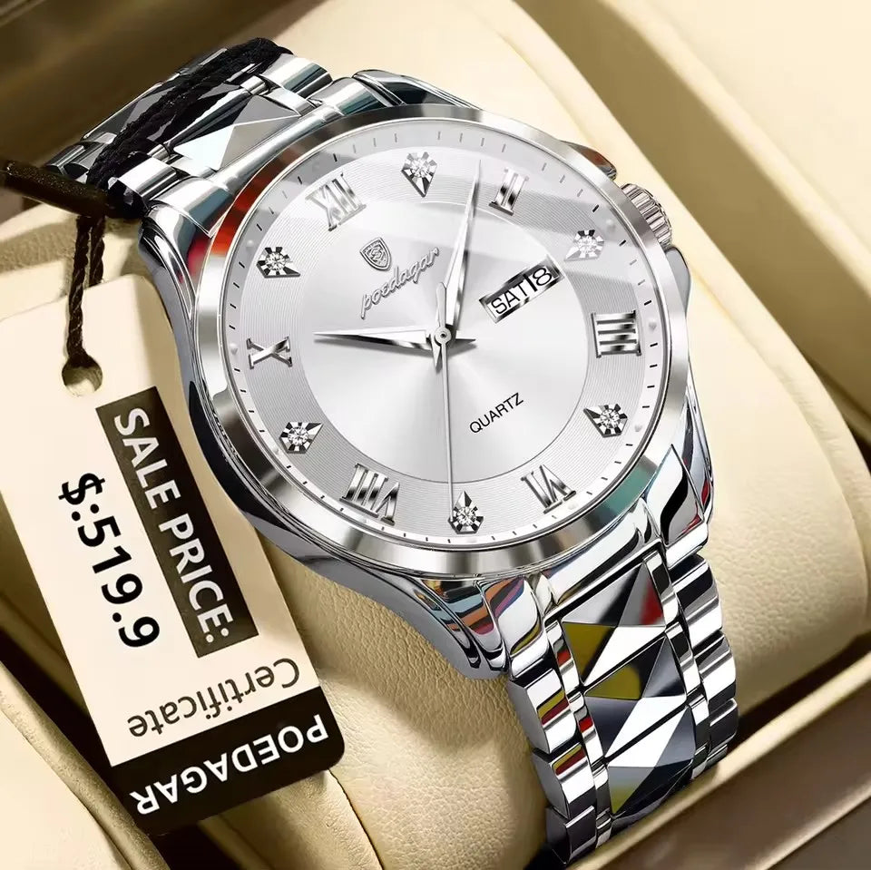 POEDAGAR 883 Stainless Steel Belt Quartz Men's Watches Male Reloj Fashion Men Clock Waterproof Luminous Date Week Man Wristwatch